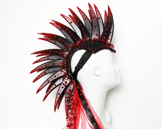 Glistening Ruby....Sparkle Mohawk in Black Red with Rhinestones Red Tips and Ribbons