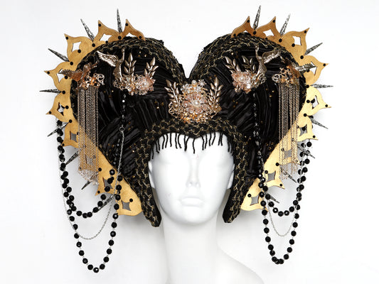 Elizabethan Junkyard... Deconstructed Headdress in Black with Gold Pearls Flowers Chain