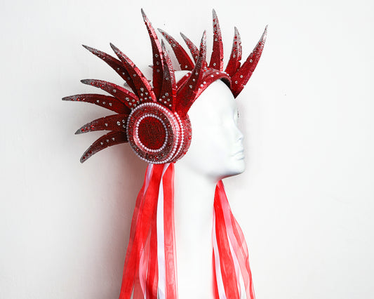 Peppermint Kiss... Red White Glitter Headband with Spikey Bits, Ribbons and Pearls