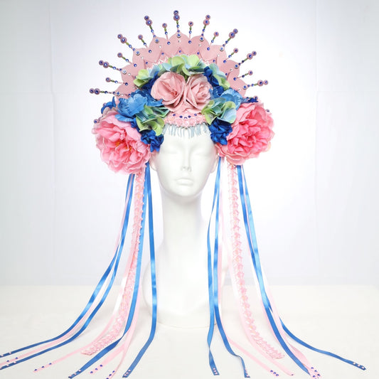 Blossom.... Pink and Blue Floral Crown with Ribbons