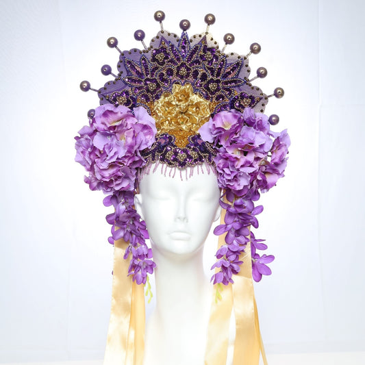 Purple Reign... Purple Floral Crown with Gold Flowers Sequins and Ribbon