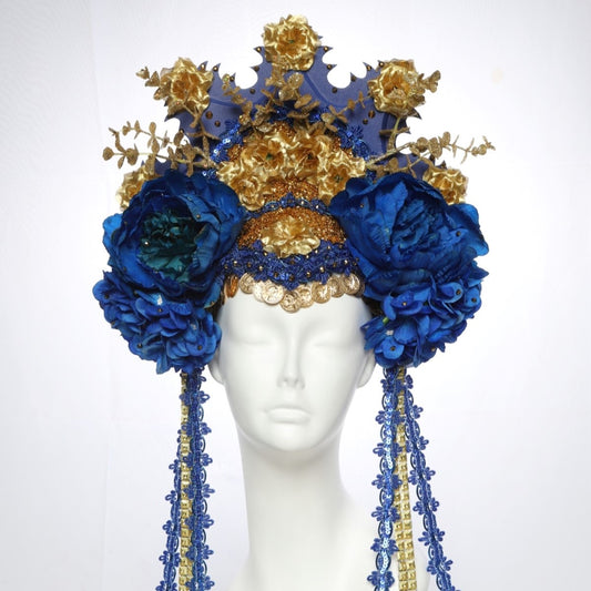 Royal Blue... Blue and Gold Floral Crown with Rhinestones and Ribbons