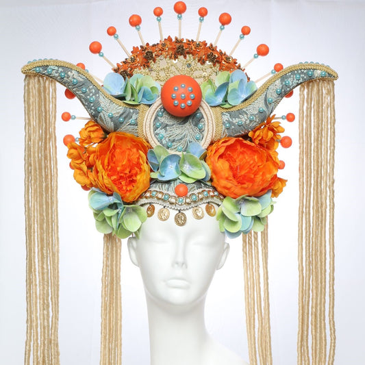Blossoming Geisha... Orange and Dusty Aqua Geisha Inspired Headdress